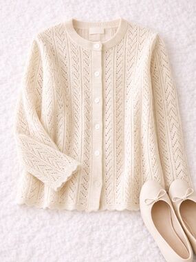 Vintage Cream Cable Knit Cardigan Button Front Cottagecore Cozy Size M